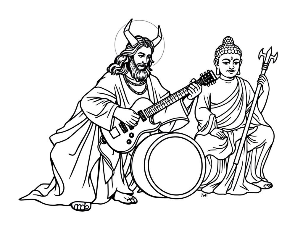 Jesus Christ playing guitar with Satan on the drums and Buddha playing the Bass