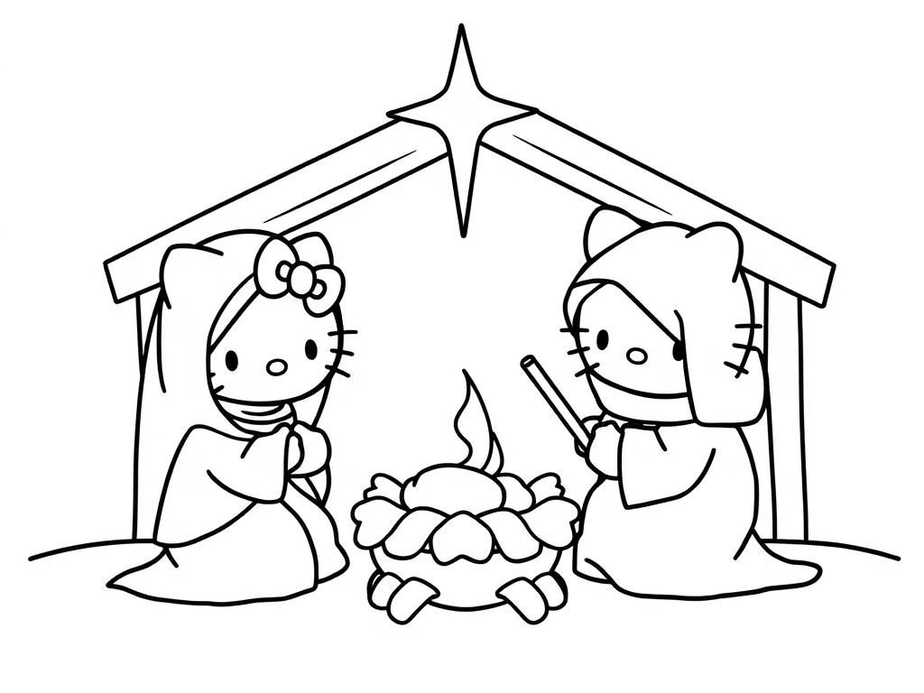 Jesus nativity using hello kitty characters - Free Printable Coloring Page