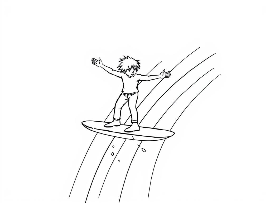 joey Ramone surfing a rainbow - Free Printable Coloring Page