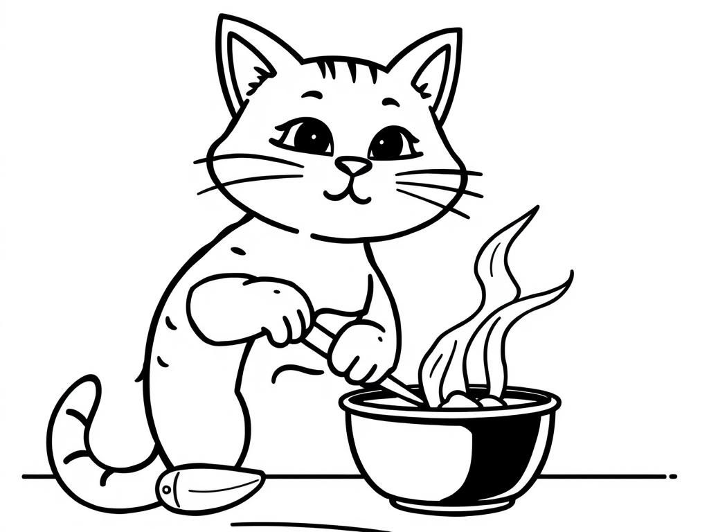 Katze beim kochen - Free Printable Coloring Page