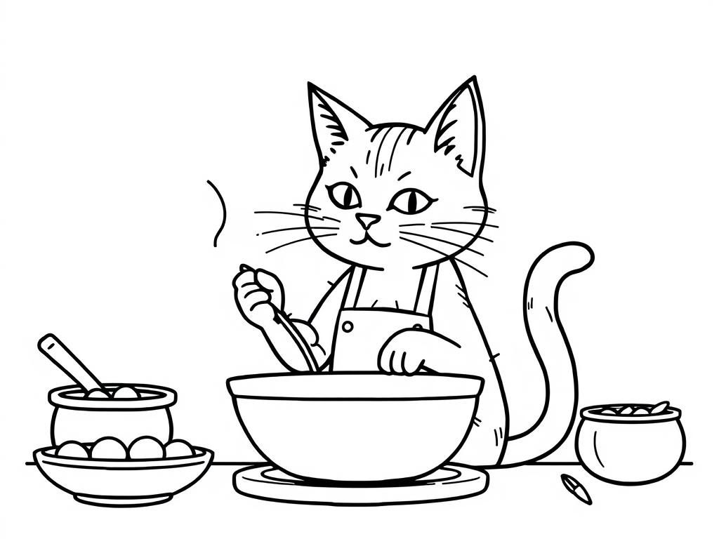 katze beim kochen - Free Printable Coloring Page