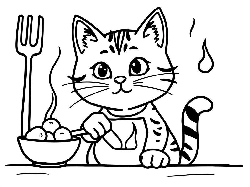 katze beim kochen - Free Printable Coloring Page