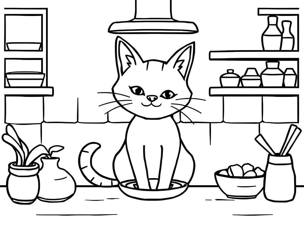 Katze in der Küche - Free Printable Coloring Page