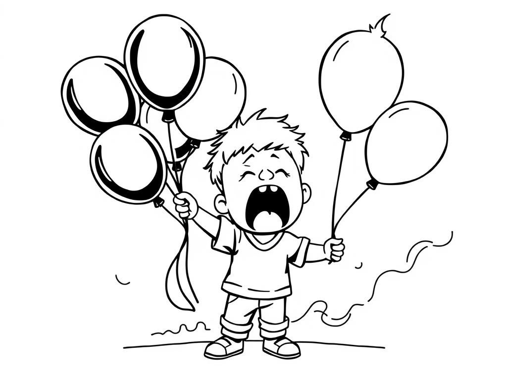 kid holding balloons on fire, screaming