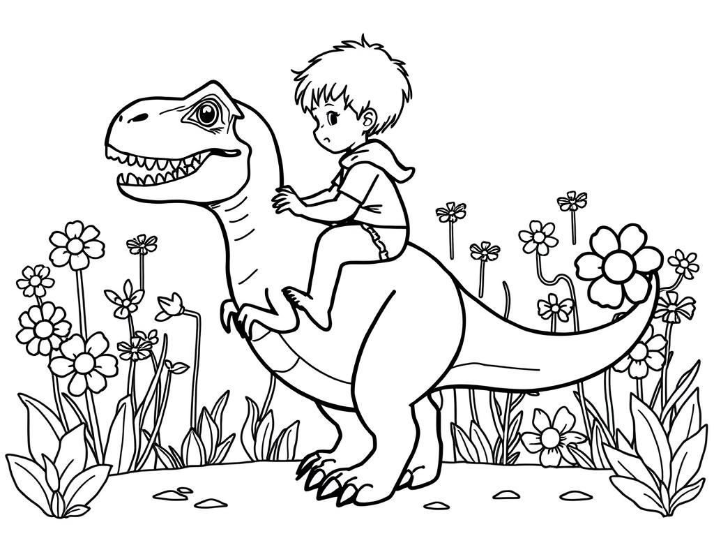 Preview of kid riding a dino with flowers in the background