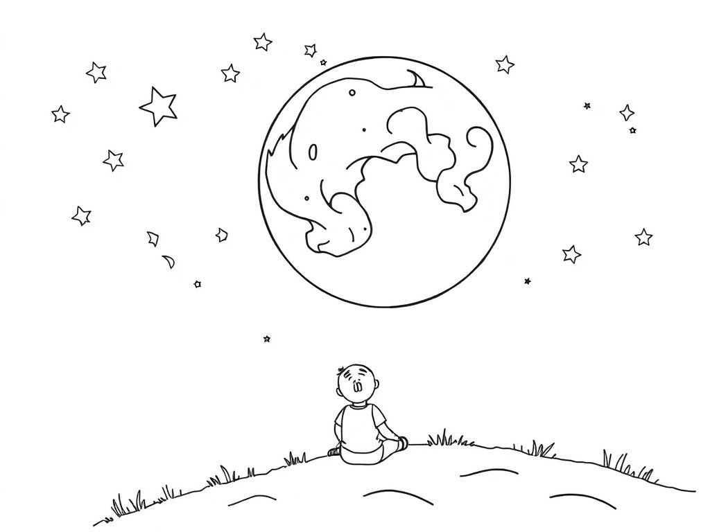 Boy Under Moonlight Coloring Page