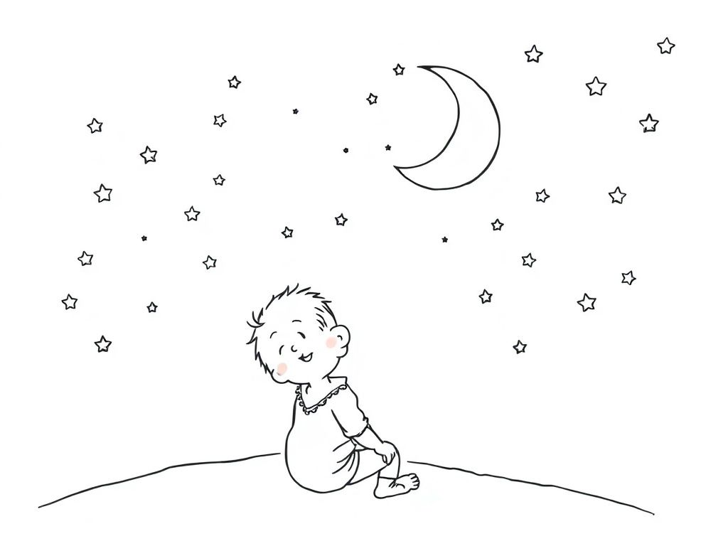 Smiling Child Under Starry Night Sky Coloring Page