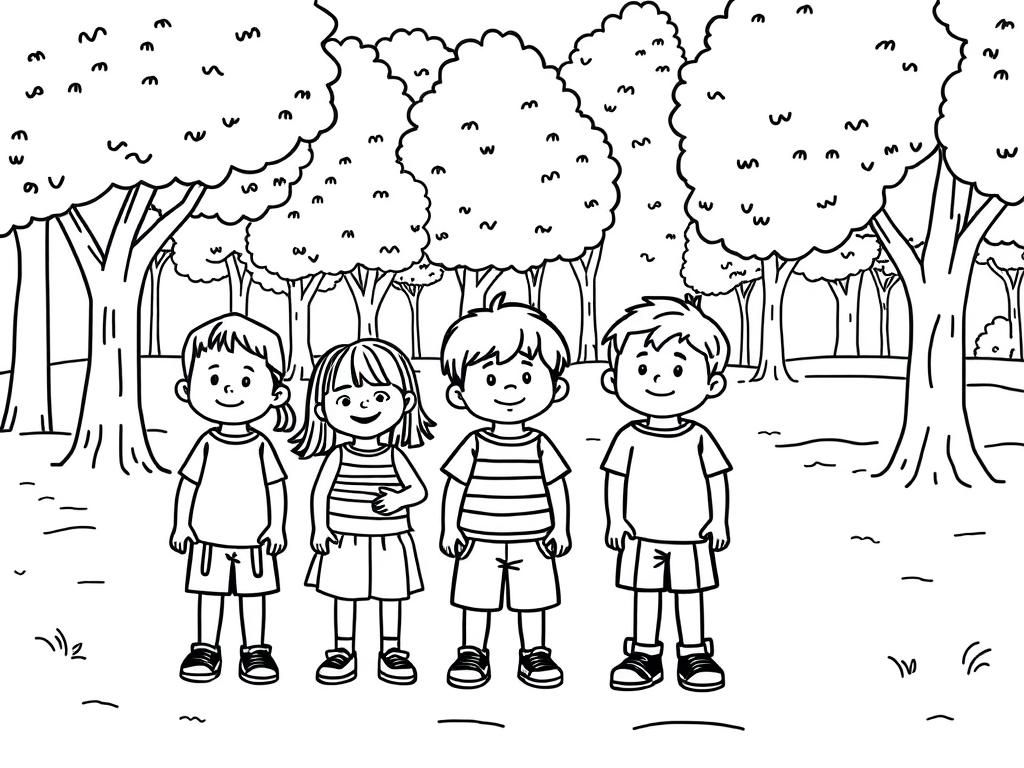 Kids in Forest Coloring Page