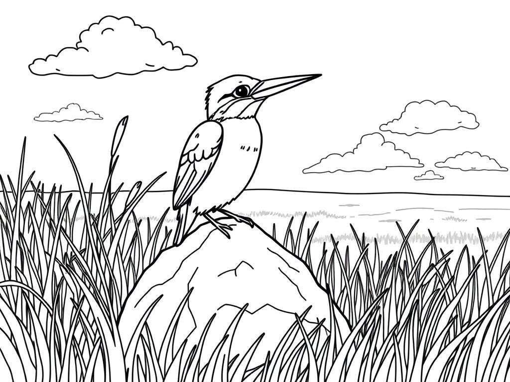 "Kingfisher standing on a rock surrounded by the grass. Background: a sunny savanna with tall grass and fluffy clouds." - Free Printable Coloring Page