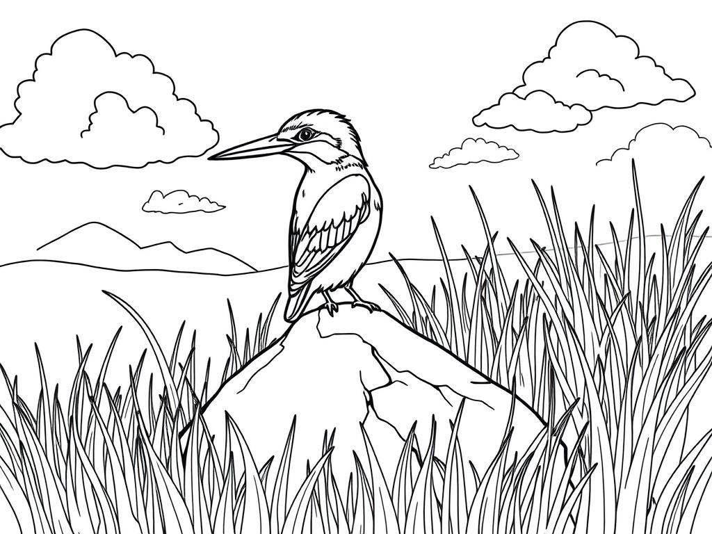 "Kingfisher standing on a rock surrounded by the grass. Background: a sunny savanna with tall grass and fluffy clouds." - Free Printable Coloring Page