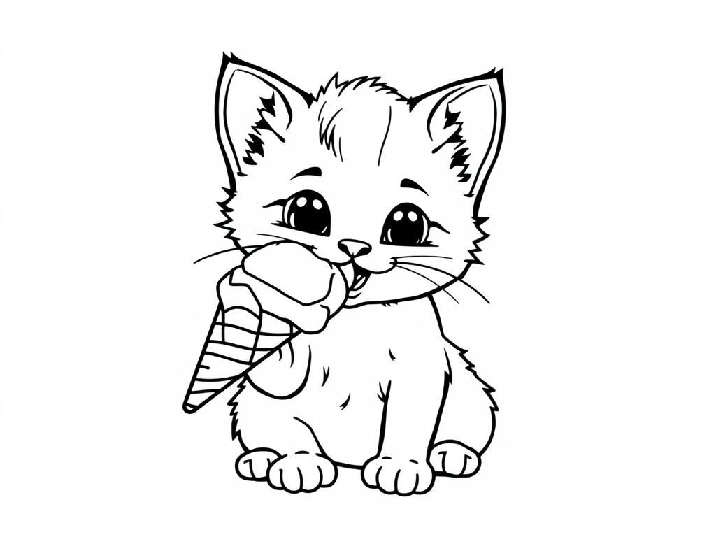 Kitten with Ice Cream Coloring Page