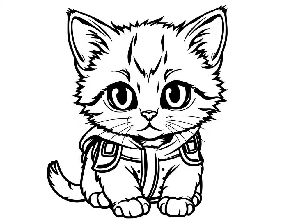 kitten looking doe eyed with a battle vest