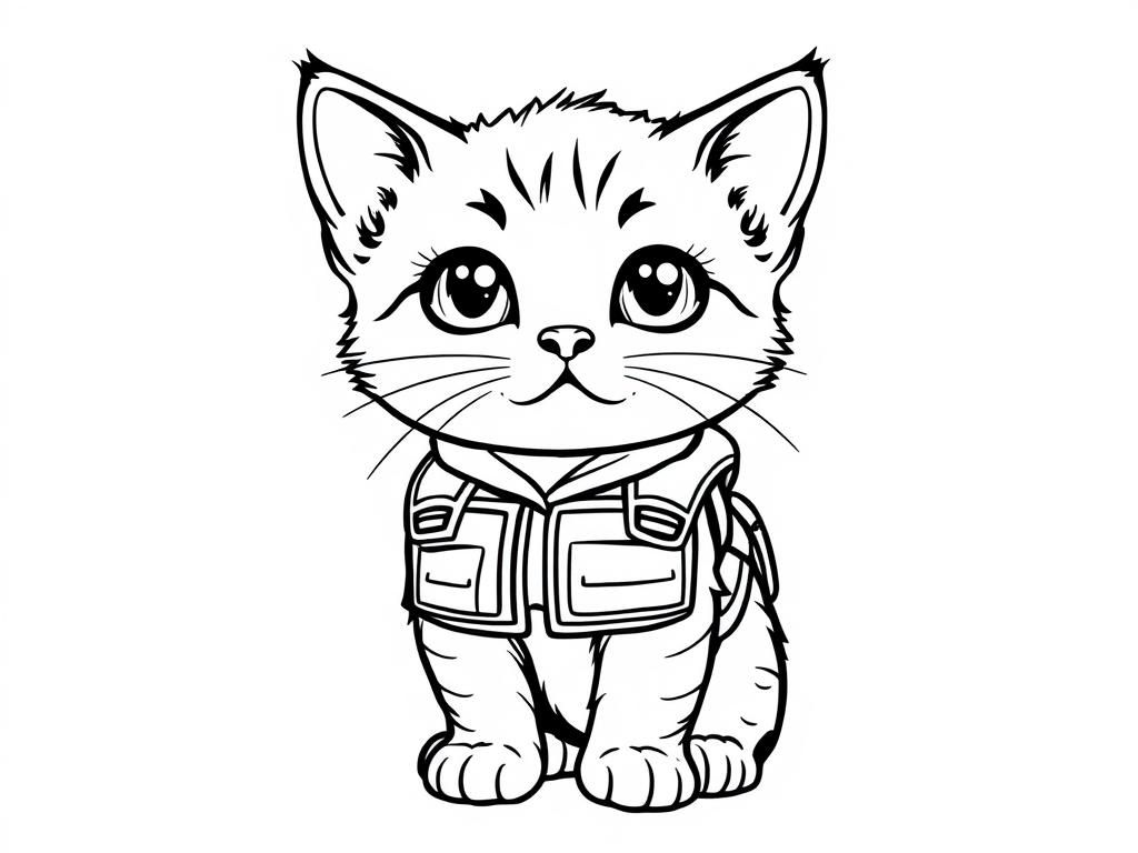 kitten looking doe eyed with a battle vest