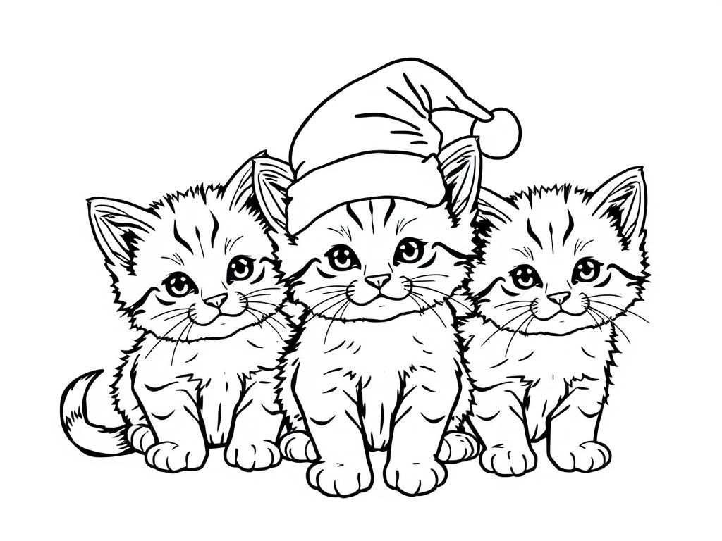 kittens wearing Christmas hat - Free Printable Coloring Page