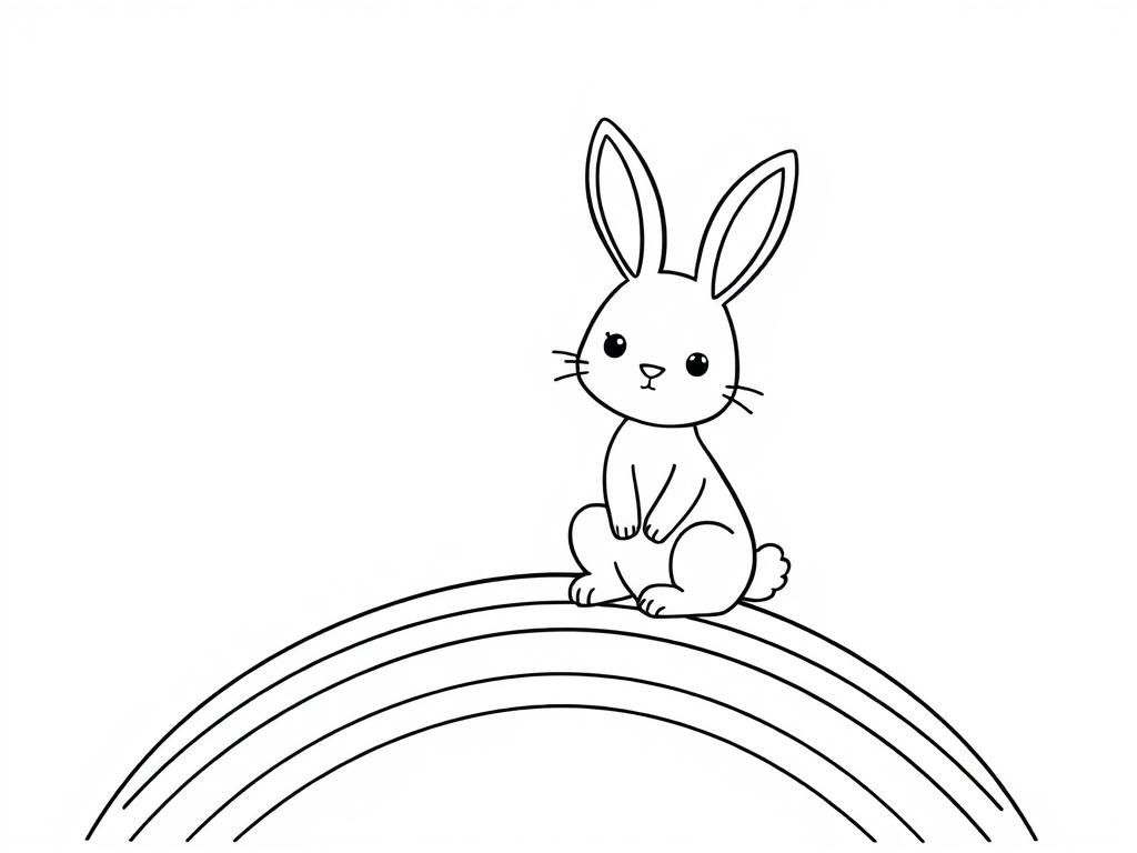 Coloring Page of Cute Bunny on Rainbow