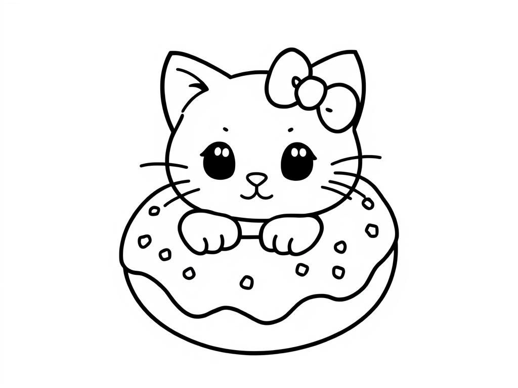 Cute Cat on Donut Coloring Page