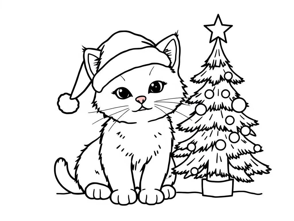 kitty wearing a santa hat and christmas tree next to them - Free Printable Coloring Page