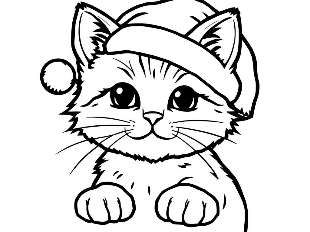 Kleurplaat kat met kerstmuts