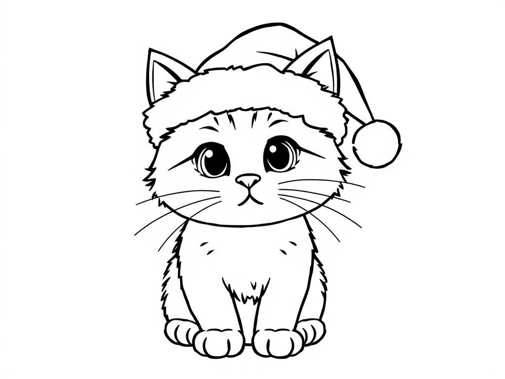 Schattige kat in kerstmuts kleurplaat
