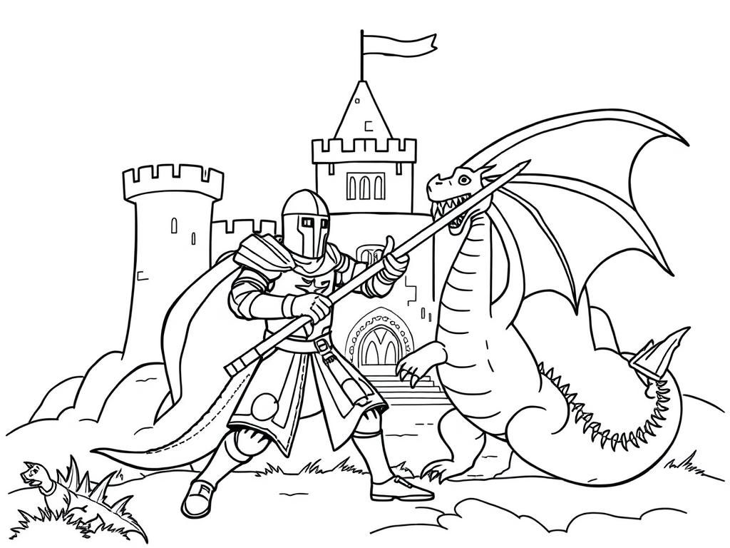 Knight in front of castle with lance fighting a dragon