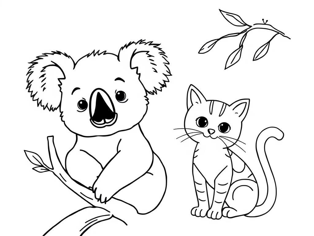 Koala and Cat Coloring Page