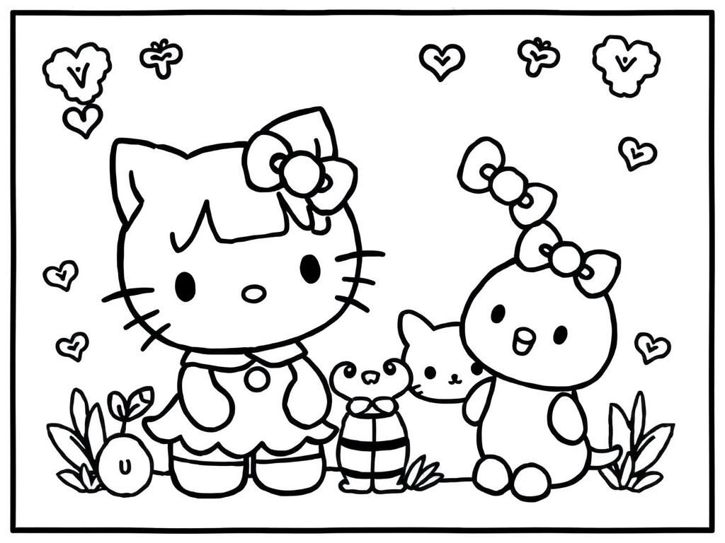 kuromi and hello kitty and their friends - Free Printable Coloring Page