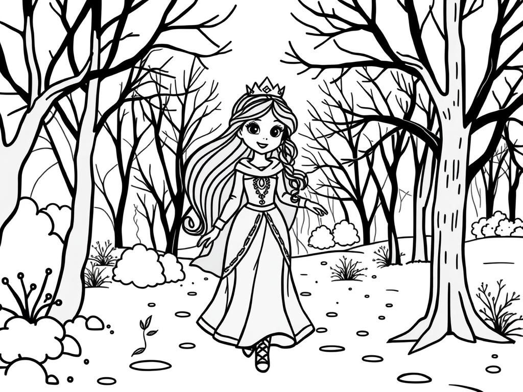 Princess in Winter Forest Coloring Page