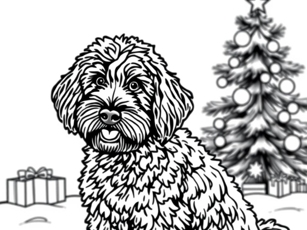 Preview of labradoodle with christmas tree in background