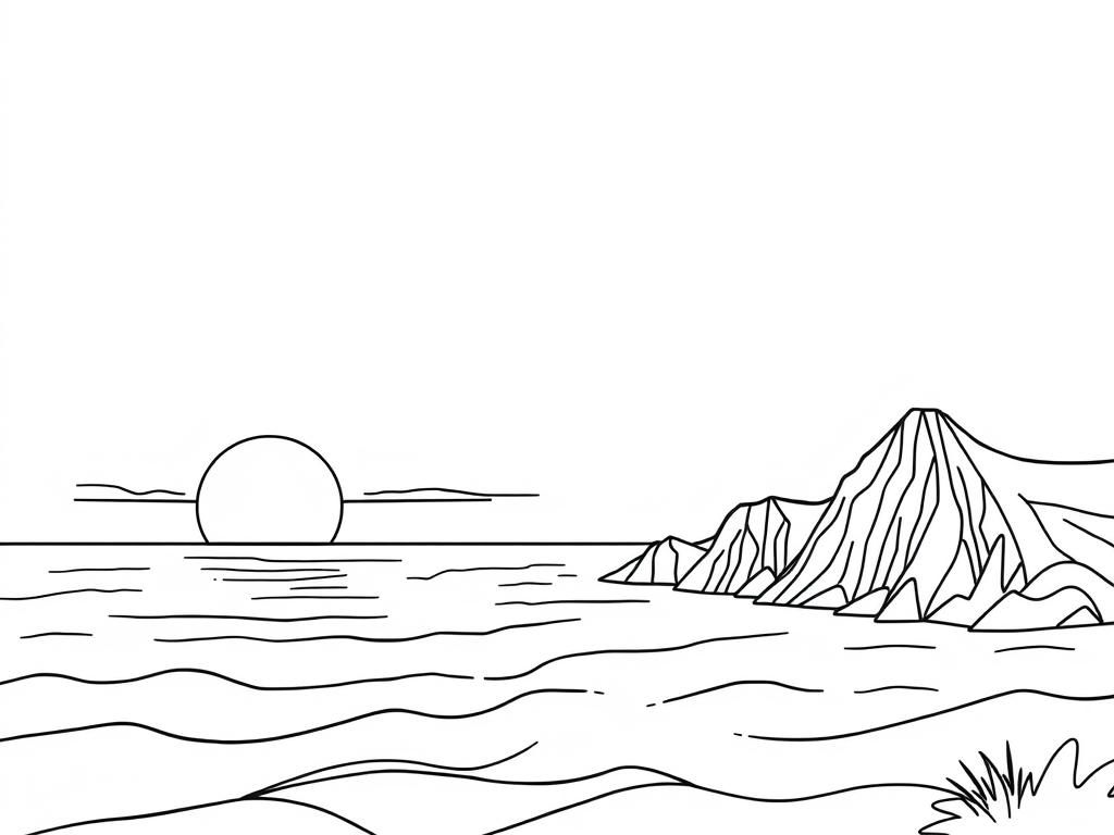 Ocean Sunset Mountain Coloring Page
