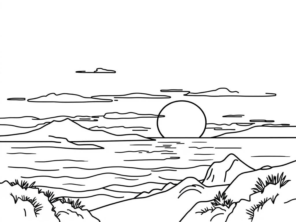 Landscape with a sunset and a ocean with a big sun  no coloring - Free Printable Coloring Page