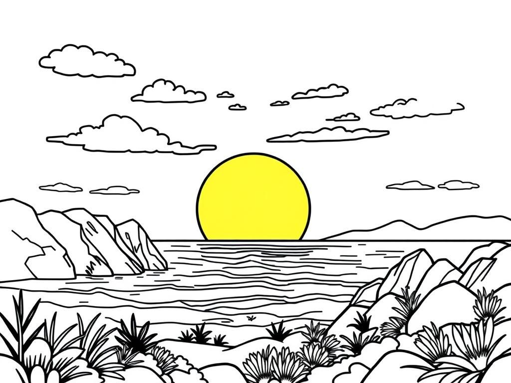 Landscape with a sunset and a ocean with a big sun with detais - Free Printable Coloring Page