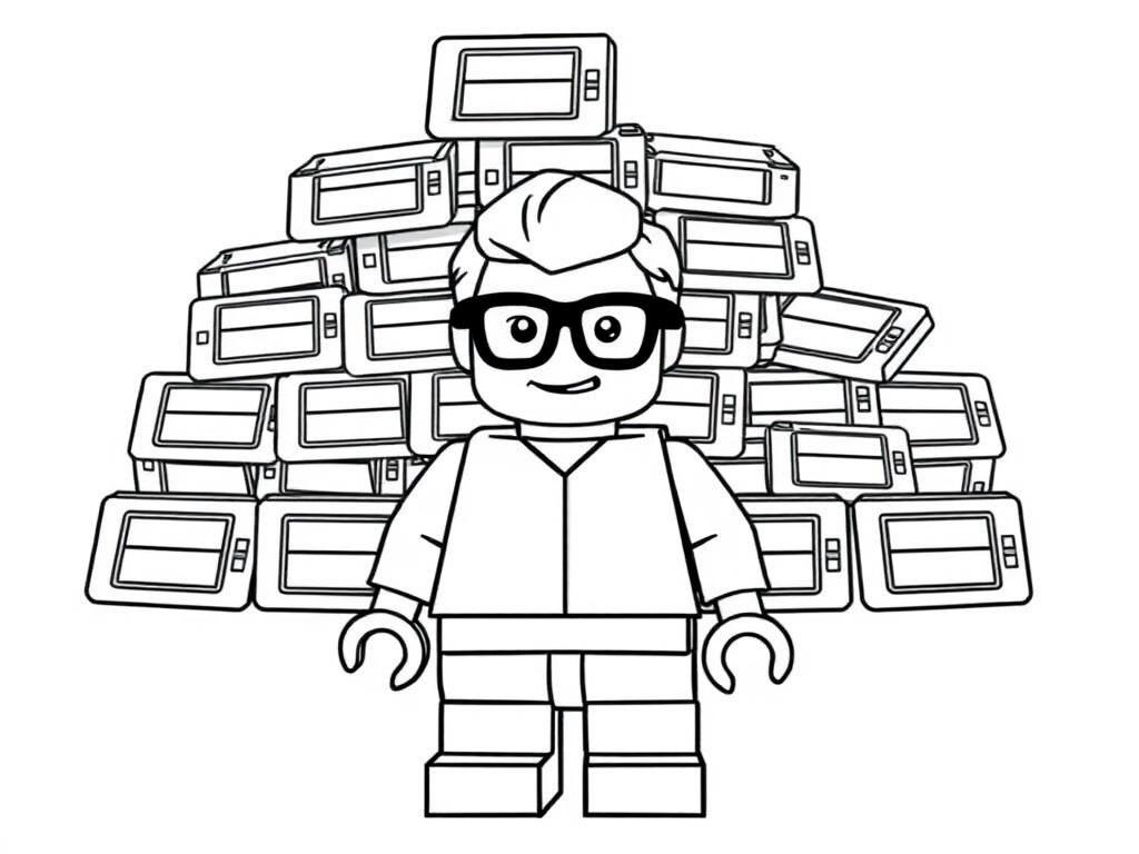 Lego figure with glasses backing up mountain of SD cards