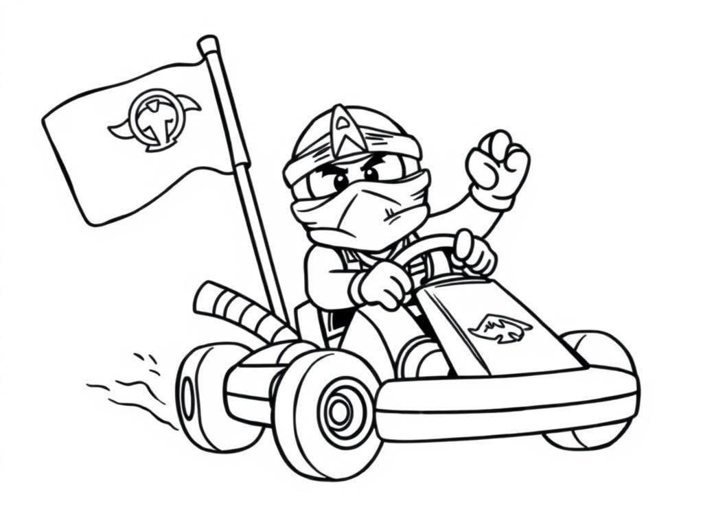 Preview of lego ninjago's Kai in a mario kart with luigi waving the finish flag