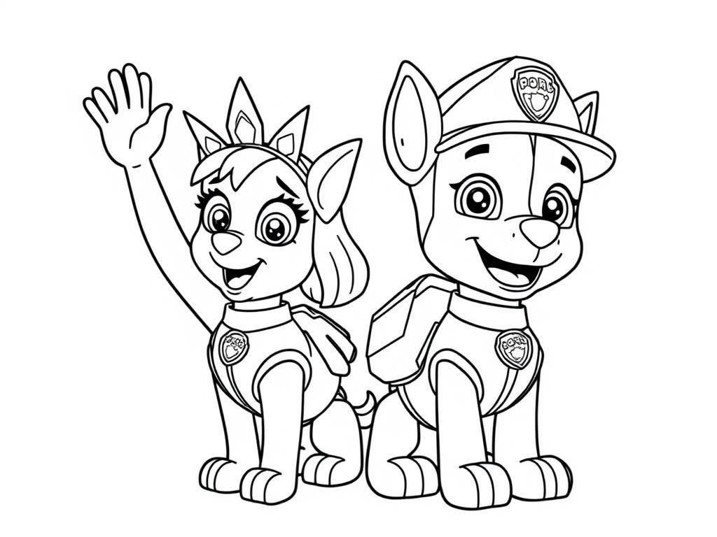 liberty and sky from paw patrol waving hello - Free Printable Coloring Page