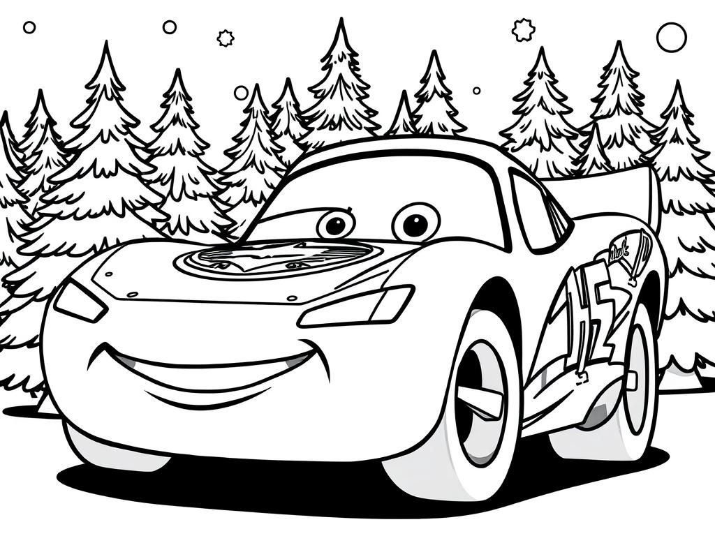 Smiling Racing Car Winter Scene Coloring Page