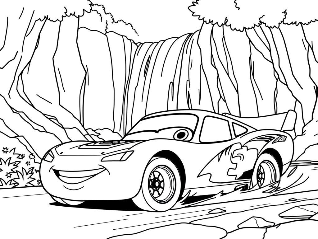 Preview of lightning mcqueen and francesco driving near a waterfall