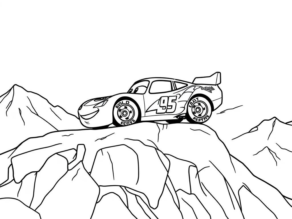 Lightning McQueen from Cars driving across a mountain - Free Printable Coloring Page