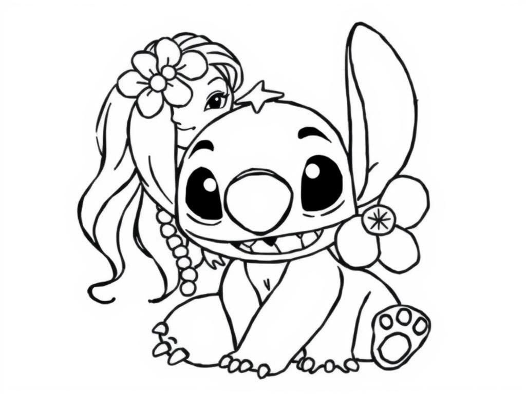 Stitch and Girl Coloring Page