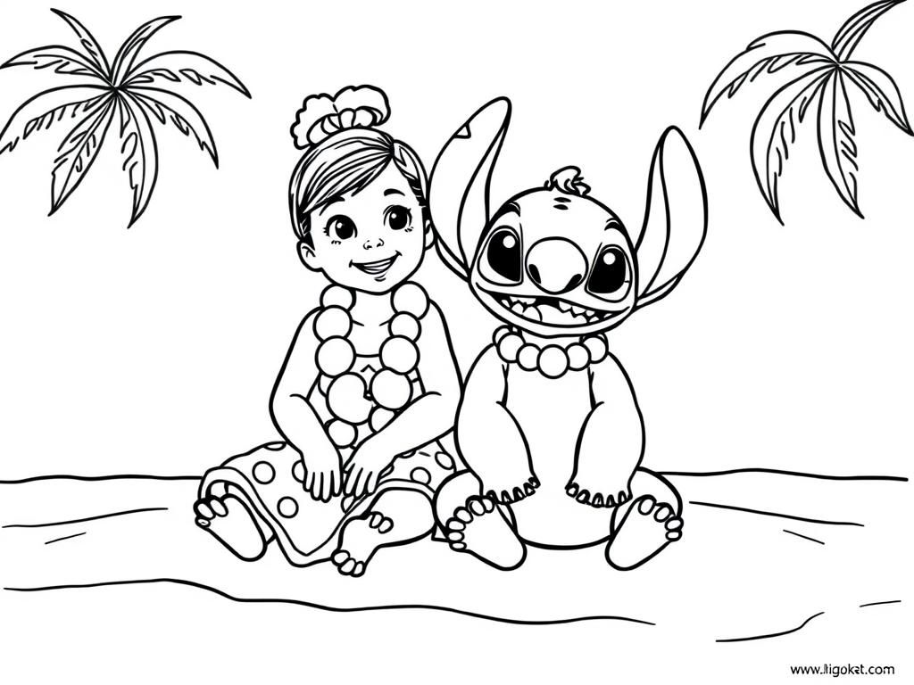 lilo and stitch sitting on the beach with the words Shaylyn made out of the clouds - Free Printable Coloring Page