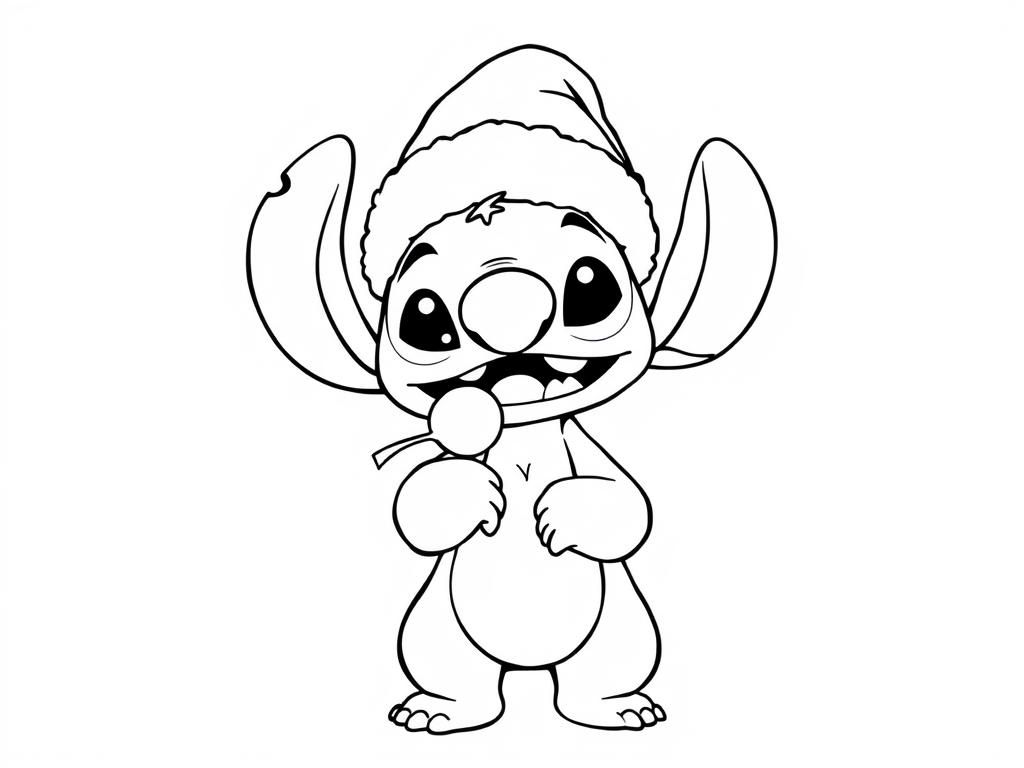 Lilo (from lilo and stitch) wearing a christmas hat that is fully visible, strechting his mouth, making a funny face. The full body standing up, no colors.