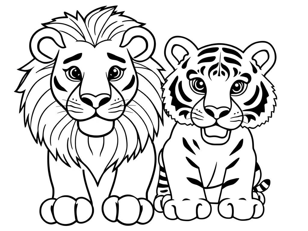 Lion and Tiger Friends Coloring Page