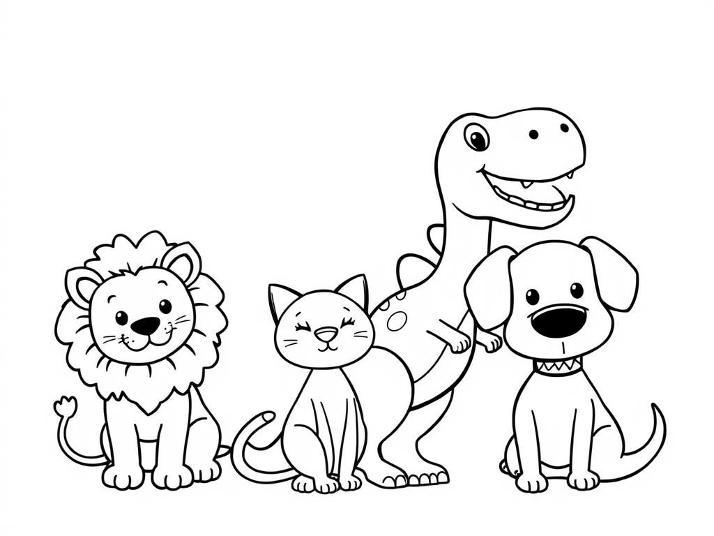Lion, cat, dinosaur and dog - Free Printable Coloring Page