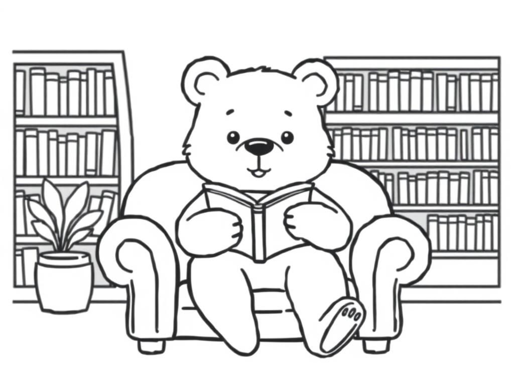 Cozy Bear Reading Coloring Page