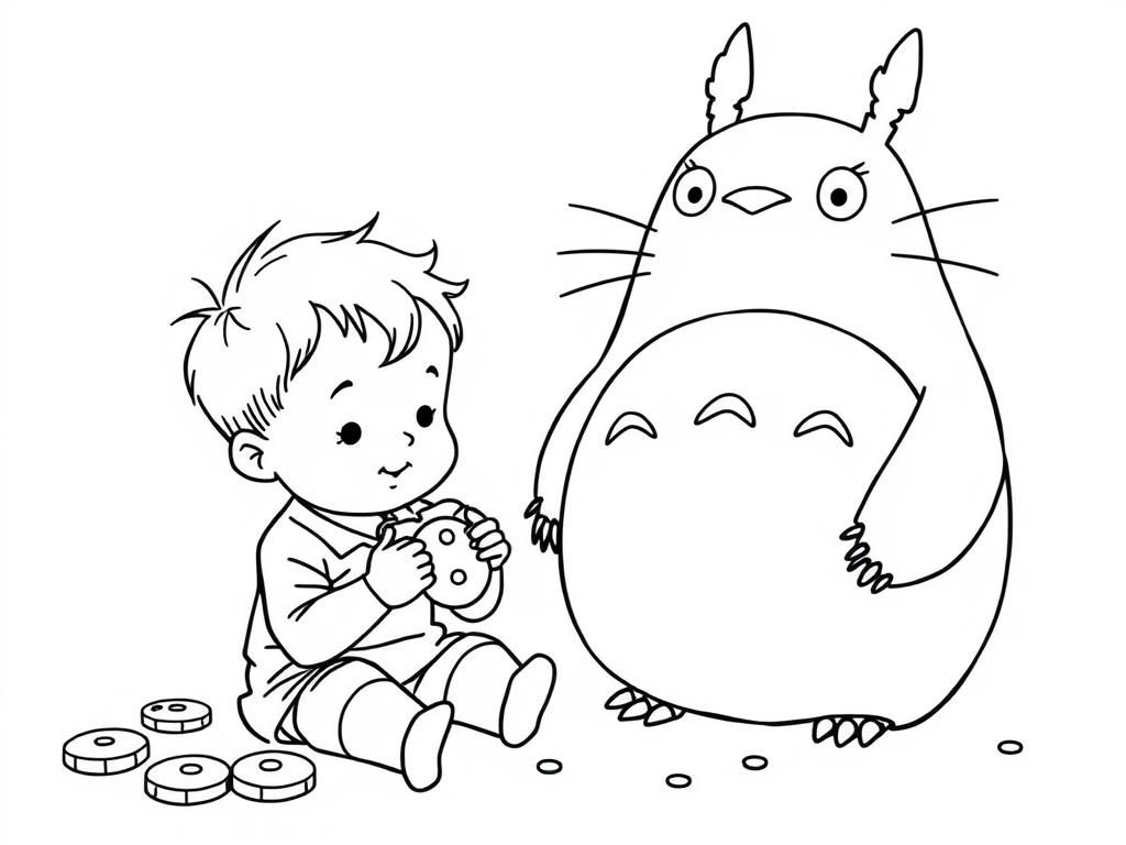 Coloring Page of Boy and Totoro from My Neighbor Totoro