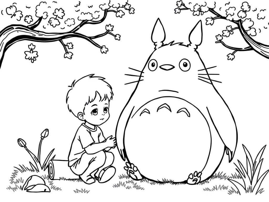 Little boy playing with Totoro - Free Printable Coloring Page