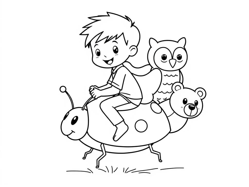 Preview of Little boy riding a ladybug with an owl and bear
