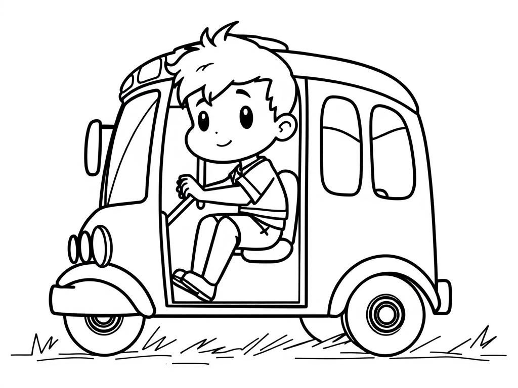 Coloring Page of a Boy Driving an Old Car