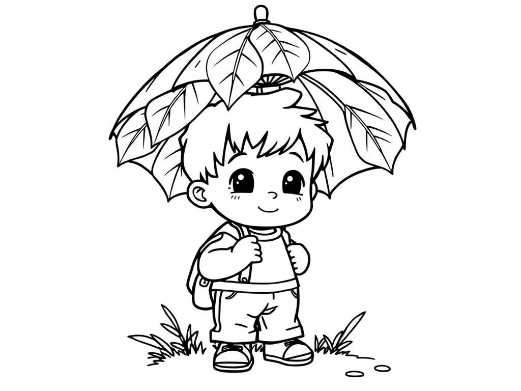 Little boy with leaf umbrella - Free Printable Coloring Page