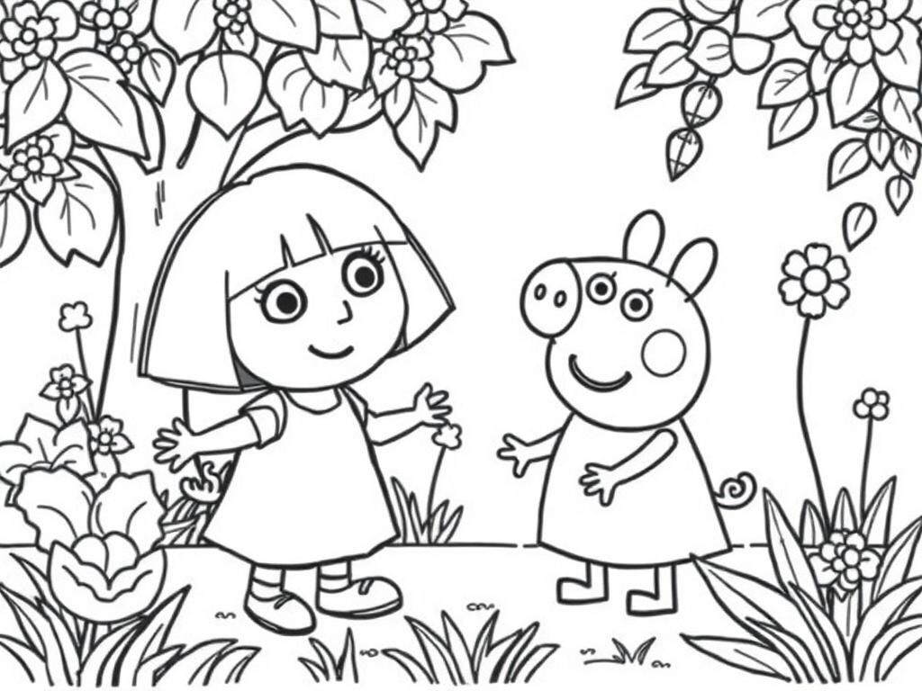 Preview of Little Dora and Peppa pig in garden