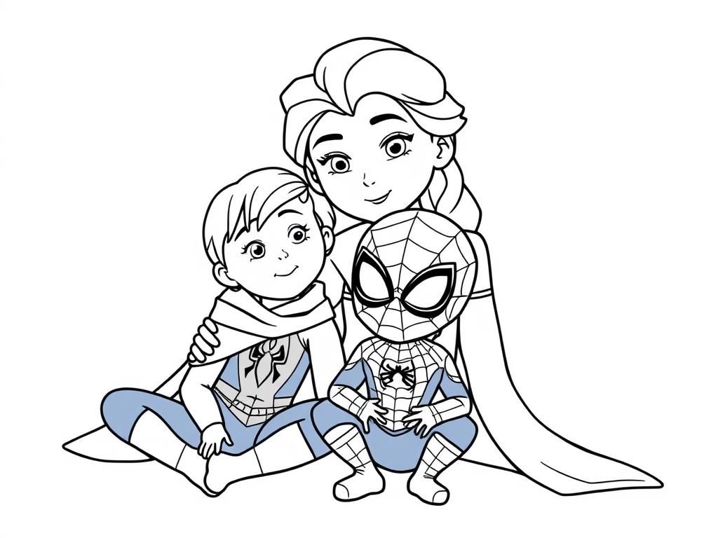 little elsa and little spiderman with grandma - Free Printable Coloring Page